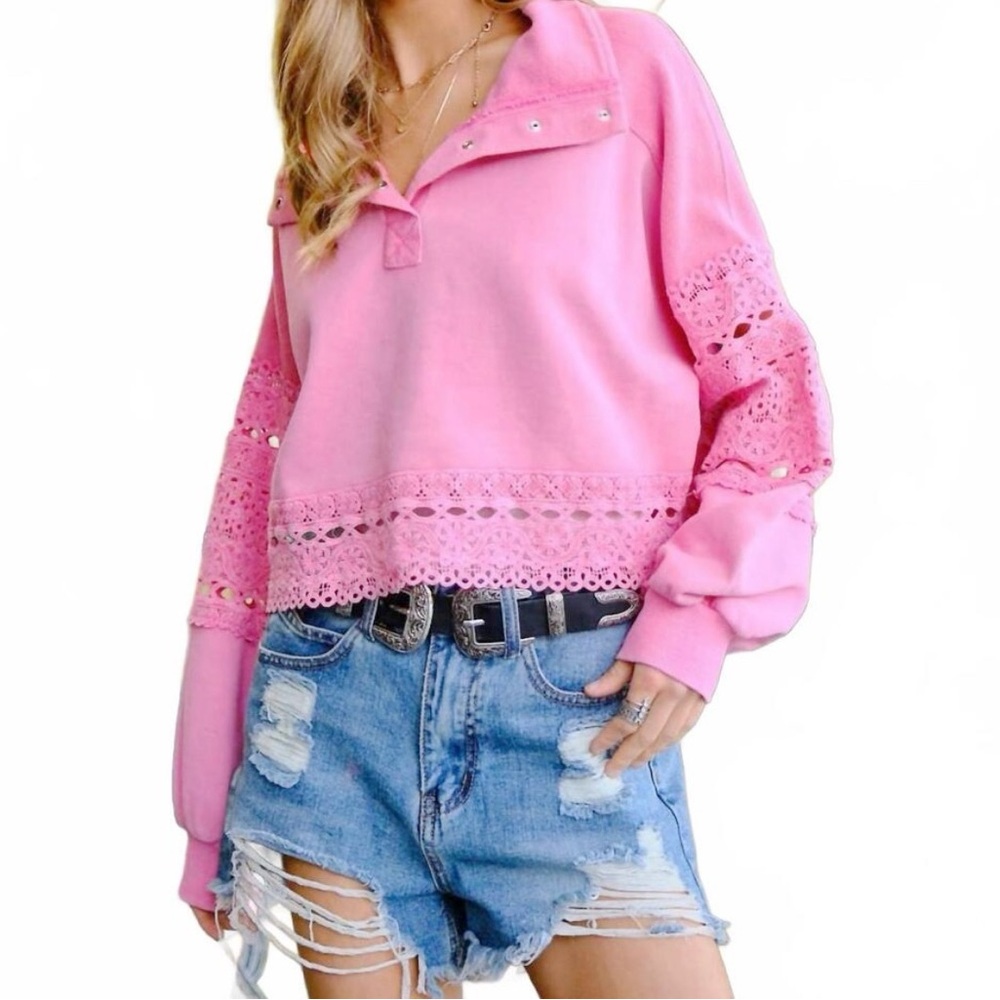 New blue b Bubblegum Pink Crochet Inset Long Balloon Sleeve Comfy Pullover Shirt
